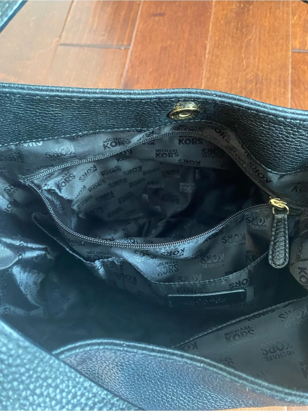 Michael Kors Jamesport Large Shoulder Tote – Black Pebbled Leather & Gold